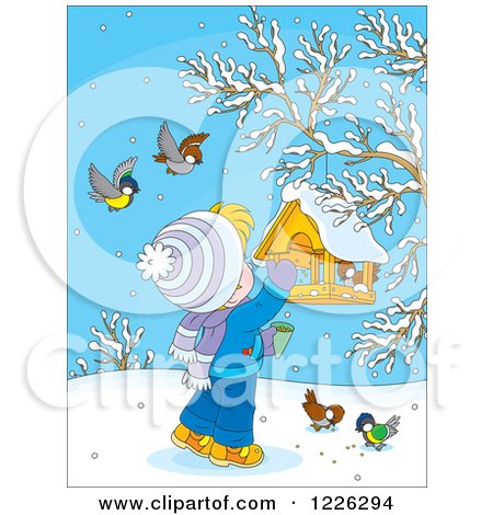 Clipart of a Caucasian Boy Feeding Birds at a Suspended Feeder - Royalty Free Vector Illustration by Alex Bannykh
