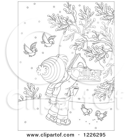 Clipart of an Outlined Boy Feeding Birds at a Suspended Feeder - Royalty Free Vector Illustration by Alex Bannykh