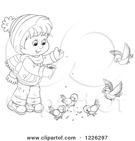 Clipart of an Outlined Boy Feeding Birds - Royalty Free Vector Illustration by Alex Bannykh