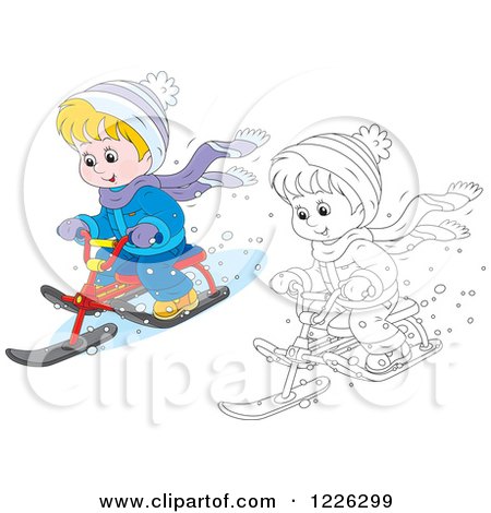 Clipart of an Outlined and Colored Happy Boy Riding a Snow Sled Bike - Royalty Free Vector Illustration by Alex Bannykh