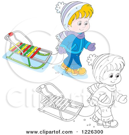 Clipart of an Outlined and Colored Boy Pulling a Sled - Royalty Free Vector Illustration by Alex Bannykh