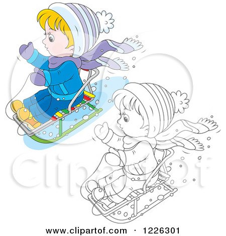Clipart of an Outlined and Colored Boy on a Snow Sled - Royalty Free Vector Illustration by Alex Bannykh
