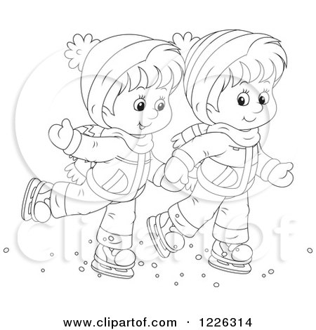 Clipart of an Outlined Boy and Girl Holding Hands and Ice Skating - Royalty Free Vector Illustration by Alex Bannykh