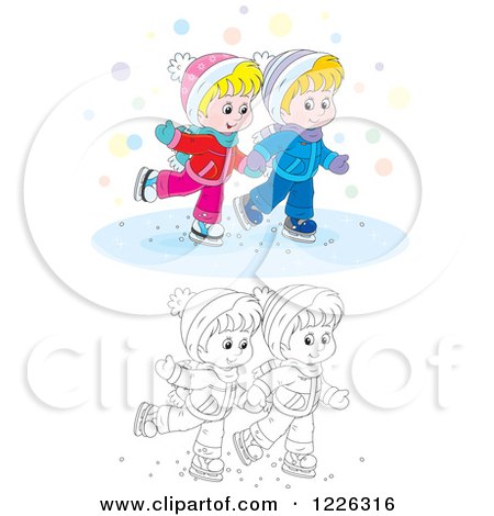 Clipart of an Outlined and Colored Boy and Girl Holding Hands and Ice Skating - Royalty Free Vector Illustration by Alex Bannykh