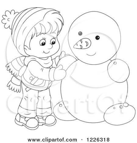 Clipart of an Outlined Boy Making a Snowman - Royalty Free Vector Illustration by Alex Bannykh