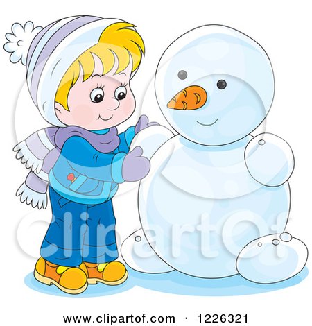 Clipart of a Caucasian Boy Making a Snowman - Royalty Free Vector Illustration by Alex Bannykh
