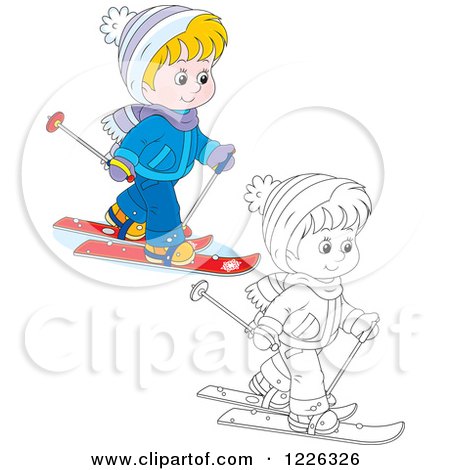 Clipart of an Outlined and Colored Boy Skiing - Royalty Free Vector Illustration by Alex Bannykh