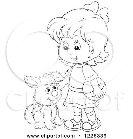 Clipart of an Outlined Girl Petting a Puppy Dog - Royalty Free Vector Illustration by Alex Bannykh