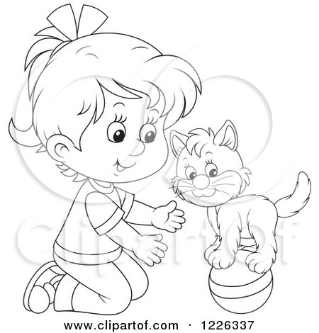 Clipart of an Outlined Girl Teaching Her Cat a Balance Trick on a Ball - Royalty Free Vector Illustration by Alex Bannykh