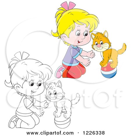 Clipart of an Outlined and Colored Girl Teaching Her Cat a Balance Trick on a Ball - Royalty Free Vector Illustration by Alex Bannykh