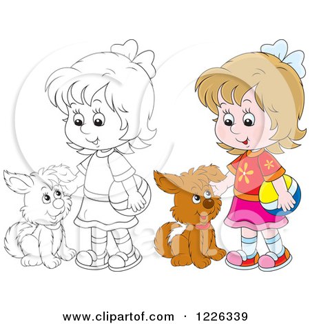 Clipart of an Outlined and Colored Girl Petting a Puppy Dog - Royalty Free Vector Illustration by Alex Bannykh