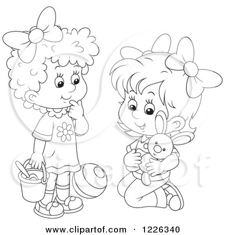 Clipart of Outlined Girls Playing with a Stuffed Rabbit Ball and Bucket - Royalty Free Vector Illustration by Alex Bannykh