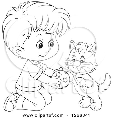 Clipart of an Outlined Boy Kneeling and Playing with a Kitten - Royalty Free Vector Illustration by Alex Bannykh