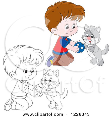 Clipart of an Outlined and Colored Boy Kneeling and Playing with a Kitten - Royalty Free Vector Illustration by Alex Bannykh