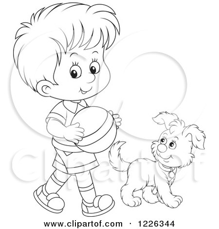 Clipart of an Outlined Boy Walking with a Puppy and Ball - Royalty Free Vector Illustration by Alex Bannykh