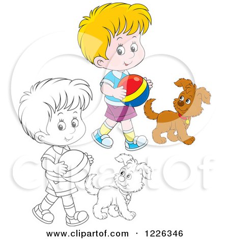 Clipart of an Outlined and Colored Boy Walking with a Puppy and Ball - Royalty Free Vector Illustration by Alex Bannykh