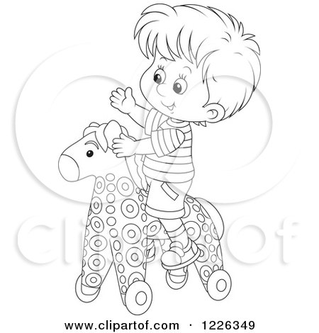 Clipart of an Outlined Boy Playing on a Rolling Toy Horse - Royalty Free Vector Illustration by Alex Bannykh