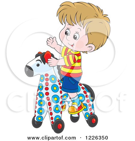 Clipart of a Caucasian Boy Playing on a Rolling Toy Horse - Royalty Free Vector Illustration by Alex Bannykh