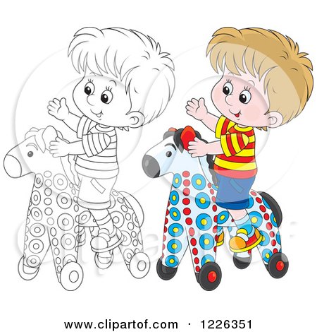 Clipart of an Outlined and Colored Boy Playing on a Rolling Toy Horse - Royalty Free Vector Illustration by Alex Bannykh