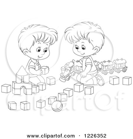 Clipart of Outlined Boys Playing with a Train and Toy Blocks - Royalty Free Vector Illustration by Alex Bannykh