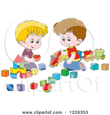Clipart of Caucasian Boys Playing with a Train and Toy Blocks - Royalty Free Vector Illustration by Alex Bannykh