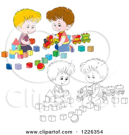 Clipart of Outlined and Colored Boys Playing with a Train and Toy Blocks - Royalty Free Vector Illustration by Alex Bannykh