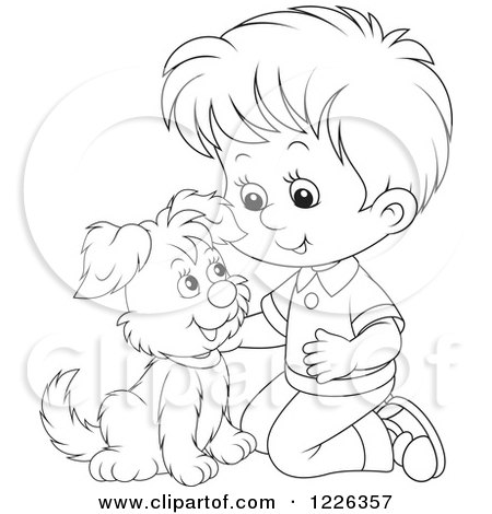 Clipart of an Outlined Boy Kneeling and Petting a Puppy - Royalty Free Vector Illustration by Alex Bannykh