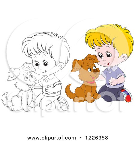 Clipart of an Outlined and Colored Boy Kneeling and Petting a Puppy - Royalty Free Vector Illustration by Alex Bannykh