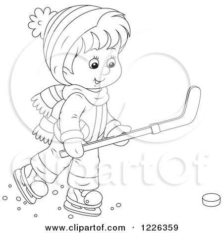 Clipart of an Outlined Boy Playing Ice Hockey - Royalty Free Vector Illustration by Alex Bannykh