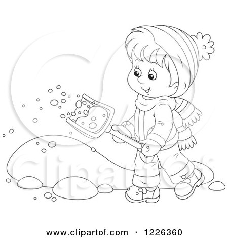 Clipart of an Outlined Happy Boy Shoveling Snow - Royalty Free Vector Illustration by Alex Bannykh
