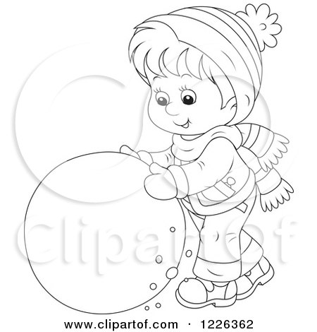 Clipart of an Outlined Boy Rolling a Ball of Snow - Royalty Free Vector Illustration by Alex Bannykh