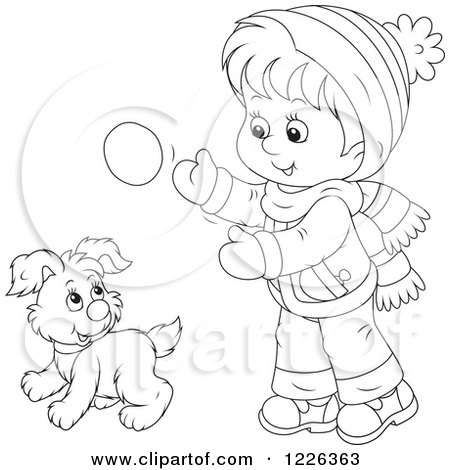 Clipart of an Outlined Boy and Puppy Playing in the Snow - Royalty Free Vector Illustration by Alex Bannykh