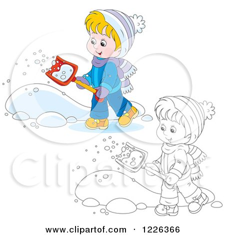 Clipart of an Outlined and Colored Happy Boy Shoveling Snow - Royalty Free Vector Illustration by Alex Bannykh