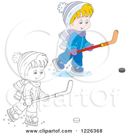 Clipart of an Outlined and Colored Boy Playing Ice Hockey - Royalty Free Vector Illustration by Alex Bannykh
