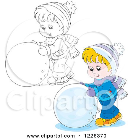 Clipart of an Outlined and Colored Boy Rolling a Ball of Snow - Royalty Free Vector Illustration by Alex Bannykh