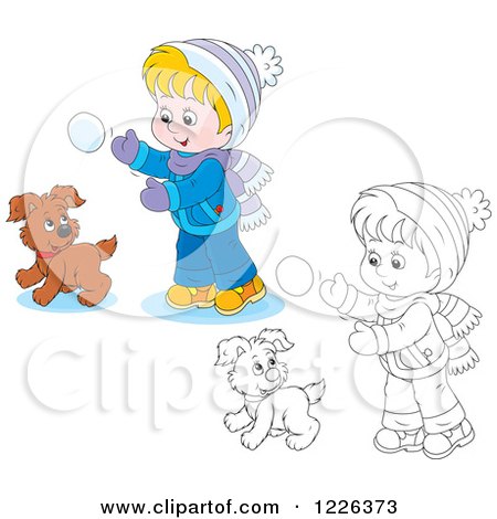 Clipart of an Outlined and Colored Boy and Puppy Playing in the Snow - Royalty Free Vector Illustration by Alex Bannykh