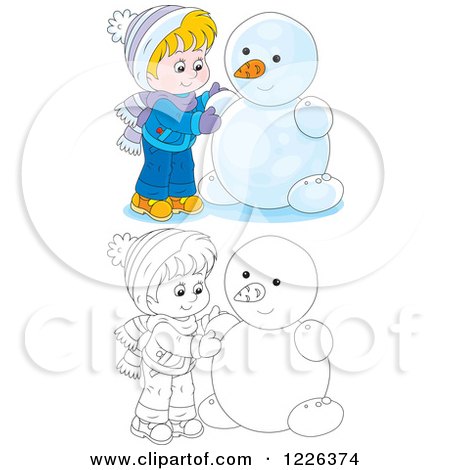 Clipart of an Outlined and Colored Boy Making a Snowman - Royalty Free Vector Illustration by Alex Bannykh