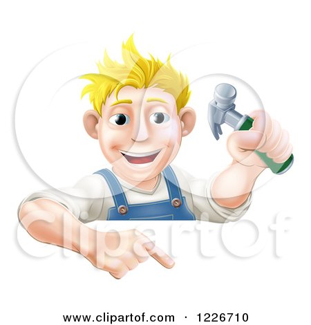 Clipart of a Happy Blond Carpenter Man Holding a Hammer and Pointing down at a Sign - Royalty Free Vector Illustration by AtStockIllustration