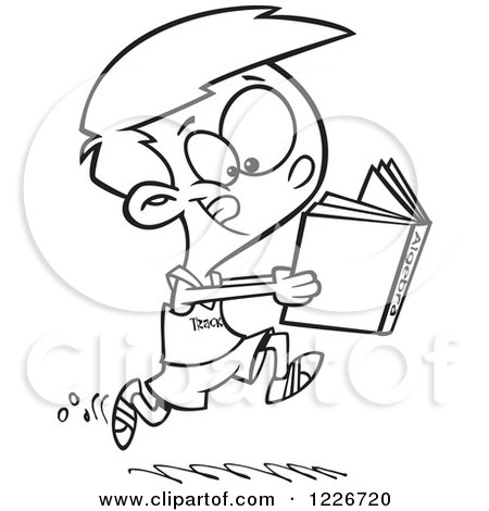Clipart of a Cartoon Black and White Boy Running Track and Reading an Algebra Book - Royalty Free Vector Illustration by toonaday