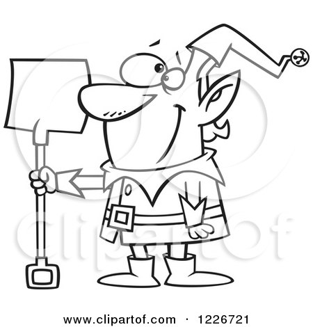 Clipart of a Cartoon Black and White Christmas Elf with a Snow Shovel - Royalty Free Vector Illustration by toonaday