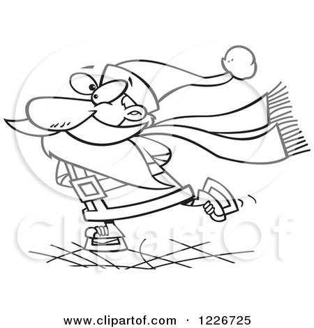 Clipart of a Cartoon Black and White Santa Claus Ice Skating - Royalty Free Vector Illustration by toonaday