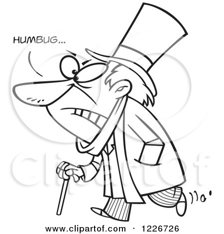 Clipart of a Cartoon Black and White Grumpy Scrooge Saying Humbug - Royalty Free Vector Illustration by toonaday