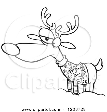 Clipart of a Cartoon Black and White Unhappy Reindeer in an Ugly Christmas Sweater - Royalty Free Vector Illustration by toonaday