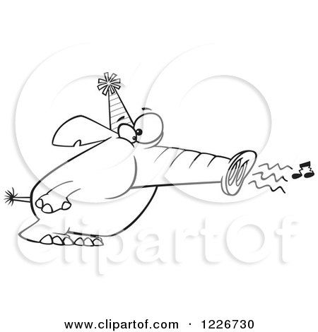 Clipart of a Cartoon Outlined Party Elephant Blowing His Trunk like a Horn - Royalty Free Vector Illustration by toonaday