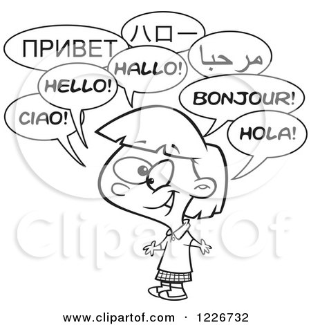 Clipart of a Cartoon Black and White Happy Talking Multilingual Girl - Royalty Free Vector Illustration by toonaday