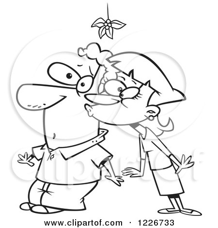 Clipart of a Cartoon Black and White Woman Kissing a Man Under the Mistletoe - Royalty Free Vector Illustration by toonaday