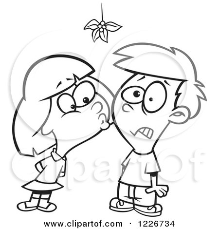 Clipart Of A Cartoon Black And White Girl Kissing A Boy Under Mistletoe Royalty Free Vector Illustration By Toonaday
