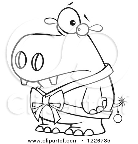 Clipart of a Cartoon Black and White Christmas Hippo in a Bow and a Bauble - Royalty Free Vector Illustration by toonaday