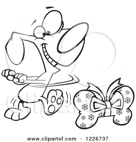 Clipart of a Cartoon Outlined Happy Christmas Dog Doing a Happy Dance by a Bone Gift - Royalty Free Vector Illustration by toonaday