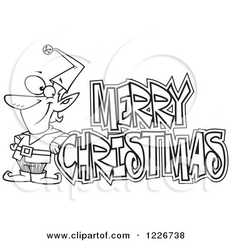 Clipart of a Cartoon Black and White Merry Christmas Greeting and Happy Elf - Royalty Free Vector Illustration by toonaday
